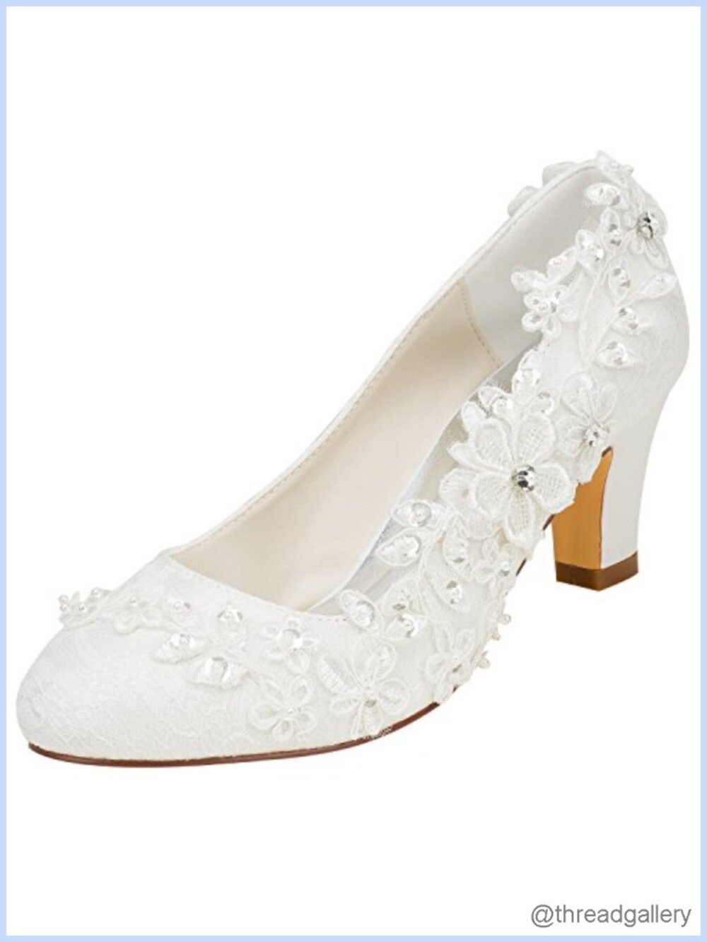Womens Silk Like Satin Chunky Heel Pumps Lace Flower Crystal Pearl Wedding